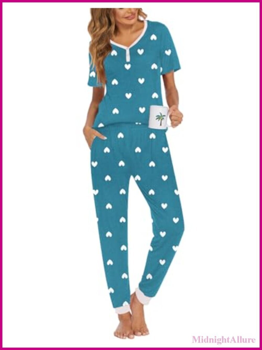 2 Piece Pajama Set Short Sleeve V-Neck with Pockets Jogger Lounge Sleepwear
